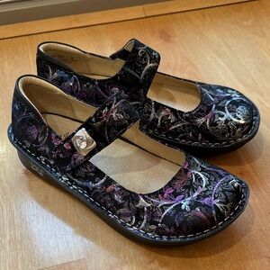 Alegria Black/Purple metallic Floral Paloma leather Mary Jane Flats 7